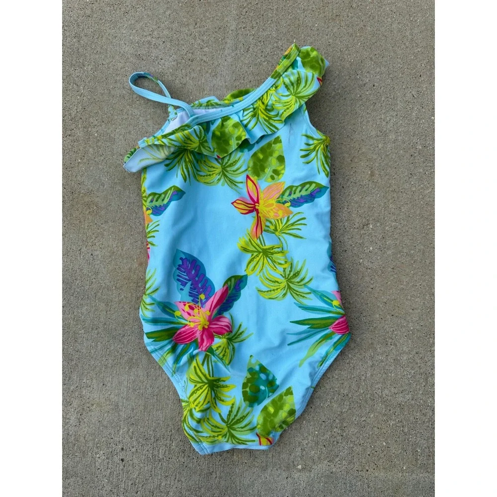The‎ Childrens Place Girls 5T Tropical Floral One Shoulder Ruffle Swimsuit Blue